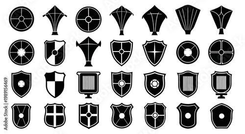 Collection of various black heraldic shields and crests on white background for design and branding purposes