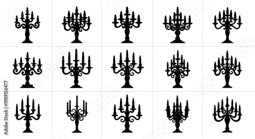 Collection of various black candelabra and candelights on white background for decoration and ambiance