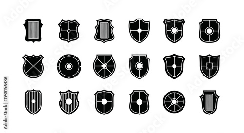 Collection of black and white shield icons with various designs on a plain white background for security and protection concepts