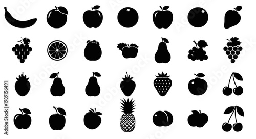 Collection of black fruit icons on white background various shapes and sizes