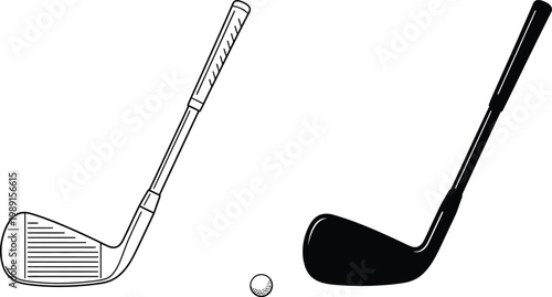 A minimalist illustration depicts two golf clubs: one in a line-drawing style and the other fully shaded in black. 10 vector
