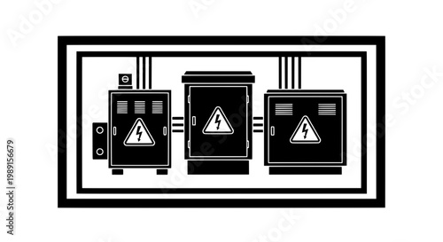 Electrical panels with warning signs in a utility room setting indoors