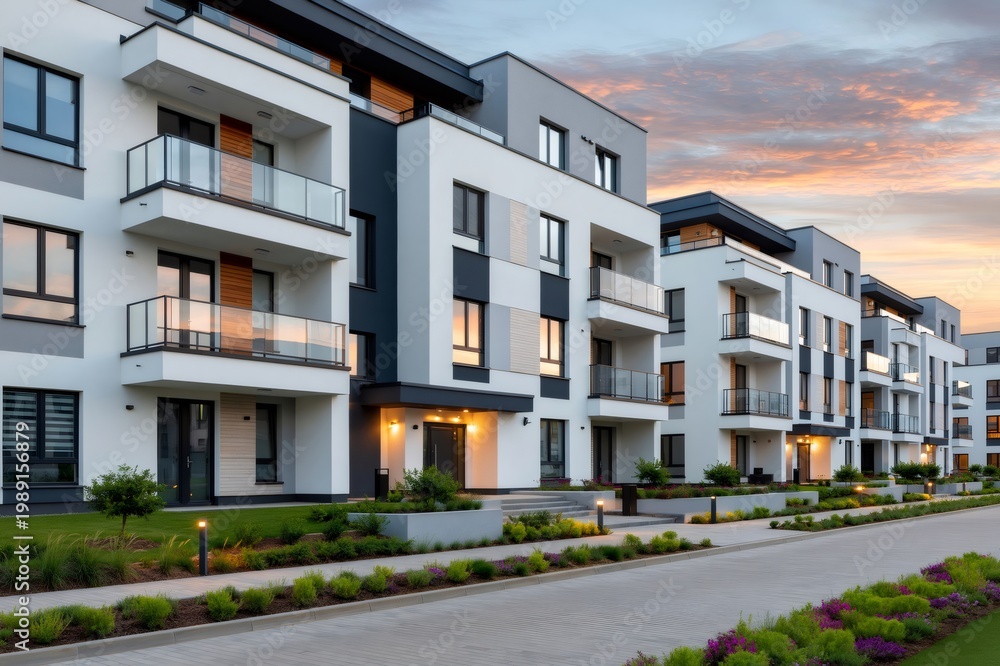 Fototapeta premium Modern apartment building exterior at sunset, residential architecture