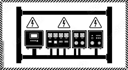 Electrical control panel with warning signs on a metal frame indoors