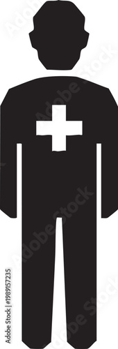 Silhouette of a person wearing a black uniform with a white cross emblem on the back