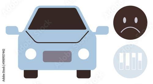Auto repair, vehicle maintenance, breakdowns, battery life, transportation concerns, car diagnostics. Blue car front view with sad face and low battery bars. Auto repair and vehicle maintenance