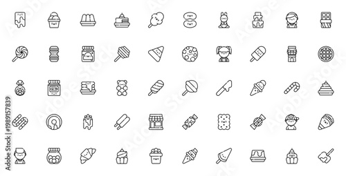 Candy shop icon set. Sweet treats vector collection. Featuring ice cream, lollipop, cake, chocolate, gummy bear, donut, cupcake and more. Editable line icons.