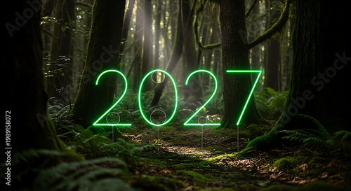 Glowing 2027 neon sign in forest
