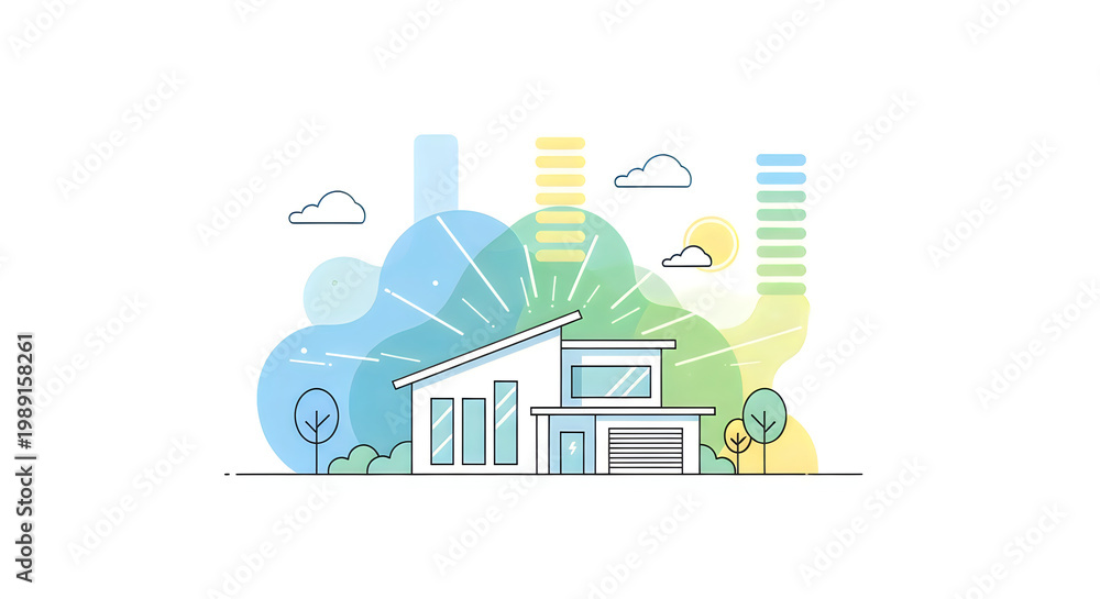 Fototapeta premium Watercolor illustration of a house with abstract mountain and sky background