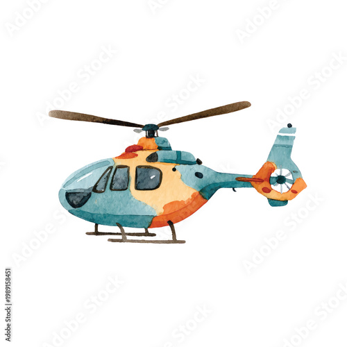 Colorful helicopter with rotor blades.