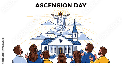 Ascension Day celebration with Jesus ascending, people praying, and church in background