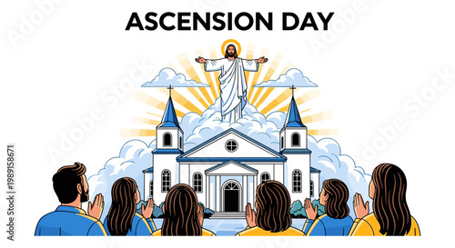 Ascension Day celebration with diverse group praying before a radiant church