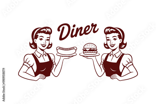Two diner girls holding hot dog and hamburger retro.