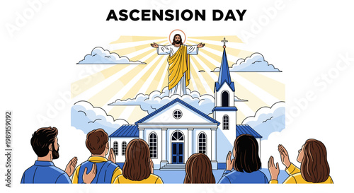 Ascension Day celebration with Jesus ascending, congregation praying outside church