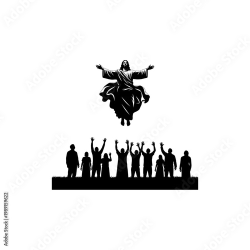 Silhouette of Jesus Christ with outstretched arms above a crowd of worshippers