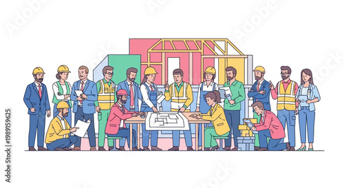 Construction workers standing together outside.