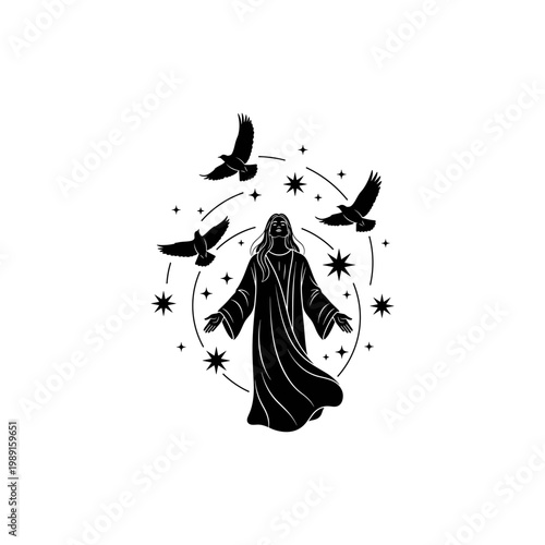 Mystical figure in robe with outstretched arms, surrounded by birds and stars, spiritual illustration