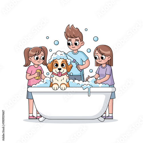 Three teenagers bathing a dog in a tub with bubbles and soap  