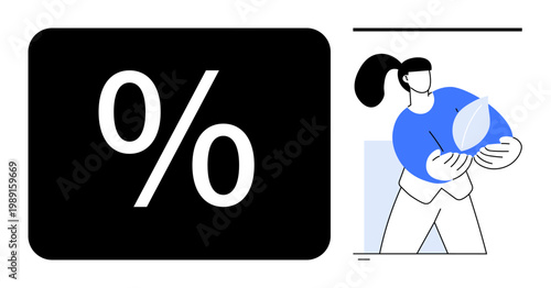 Sustainability, eco-friendly initiatives, financial incentives, environmental care, corporate responsibility, percentage calculations. Woman holding a leaf next to a percentage symbol. Sustainability