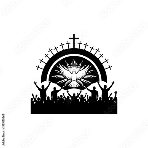 Silhouette of a crowd worshiping with a holy dove and crosses, spiritual illustration