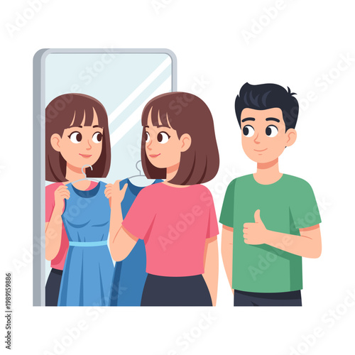 Young woman trying on dress in fitting room with friend approving.  teenagers in fitting room mirror
