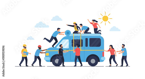 People pushing a blue van.