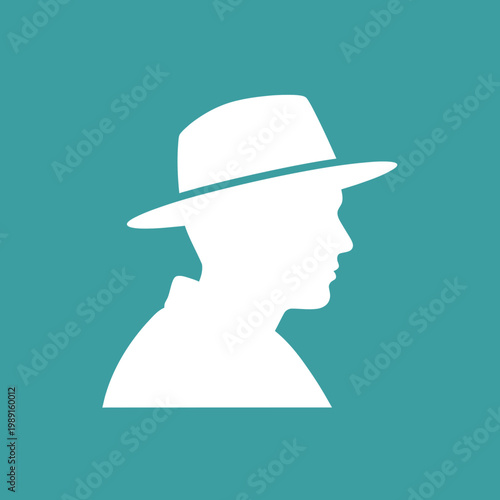 Minimalist White Silhouette of a Man Wearing a Fedora Hat in Profile, Professional Icon for Detective or Gentleman on Teal Background