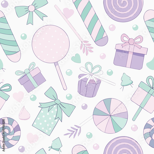A colorful vector illustration of candies and gifts in pastel colors
