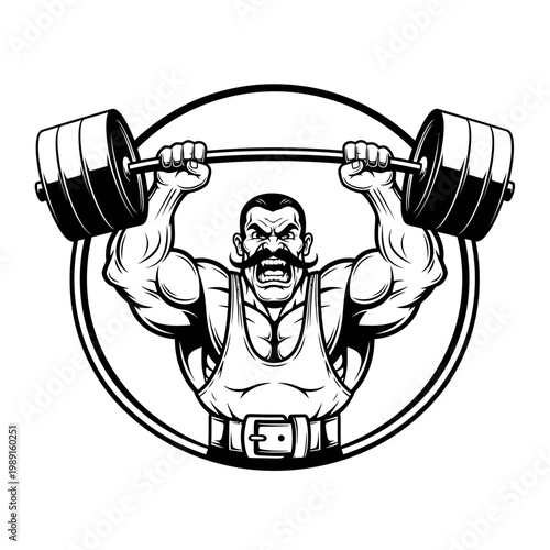 Strong Muscular Bodybuilder with Mustache Lifting Heavy Barbell Overhead Vector Mascot Illustration