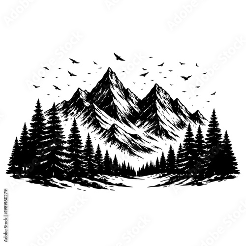 black and white mountain landscape with pine trees and flying birds