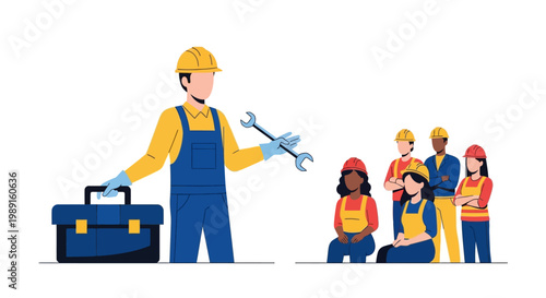 Worker with toolbox and team.