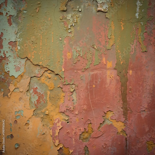 Weathered Painted Wall with Peeling Layers and Vibrant Colors