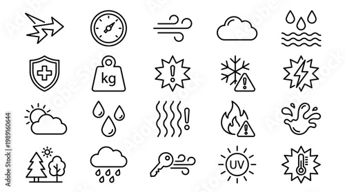Weather and natural disaster icons set line art style for various conditions