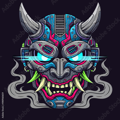 Cybernetic Oni Mask Vector Illustration, Futuristic Japanese Demon Robot with Glowing Eyes and Neon Details