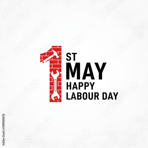 Labour Day greeting with 1st May text and red brick design isolated on transparent background