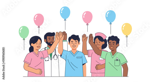 Diverse medical team celebrating together.