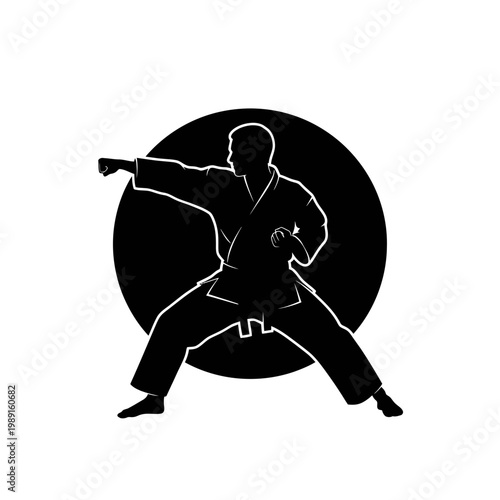 Martial Arts Karate Fighter Silhouette Performing a Straight Punch in Front of a Black Circle Vector Illustration