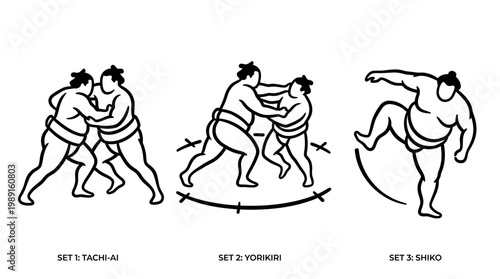 Sumo Wrestlers in Action - Dynamic Poses and Traditional Japanese Sport.