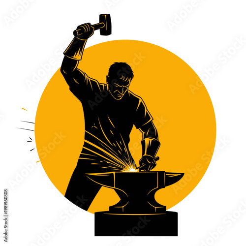 Professional Blacksmith Illustration Forging Hot Metal on Anvil with Hammer and Sparks