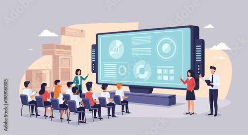 Business people watch presentation screen.