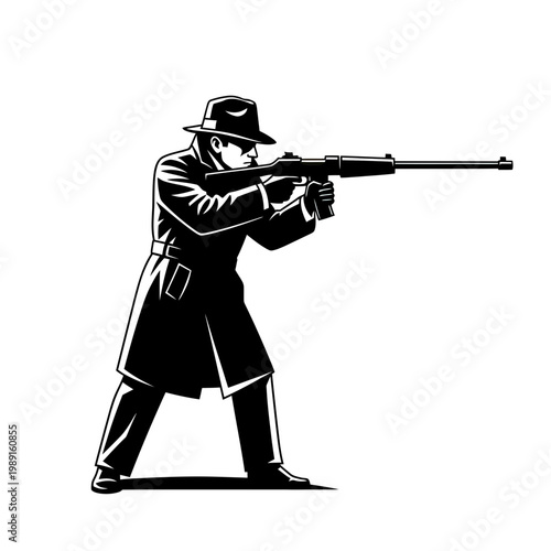 Retro Noir Gangster or Detective in Trench Coat and Fedora Aiming a Rifle Vector Illustration