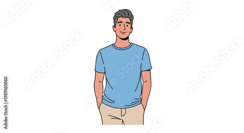Young Man in Casual Blue T-Shirt Standing with Hands in Pockets Vector Illustration