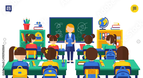 Teacher standing in classroom with students.