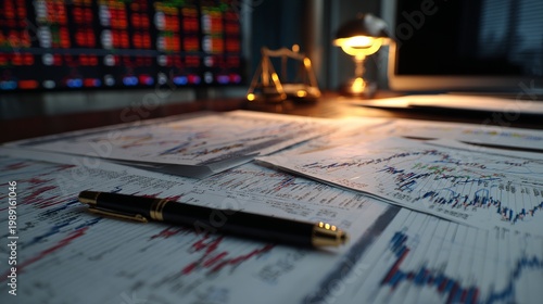 Stock market investment planning with printed financial charts, pen pointing to upward trend line on desk, modern corporate office lighting