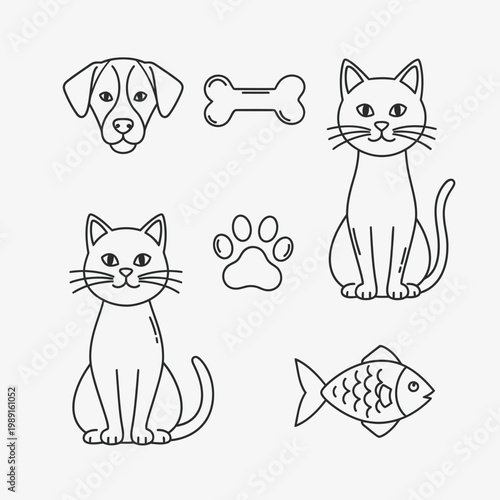 Set of Pet Icons and Animal Line Art Including Cats, Dog, Bone, Paw Print and Fish
