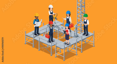 Construction Workers on Scaffolding Site.