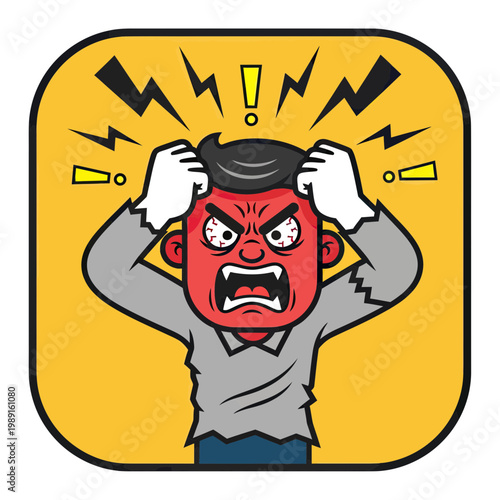Furious Angry Man Screaming and Holding Head in Stress, Vector Cartoon Illustration of Burnout and Rage