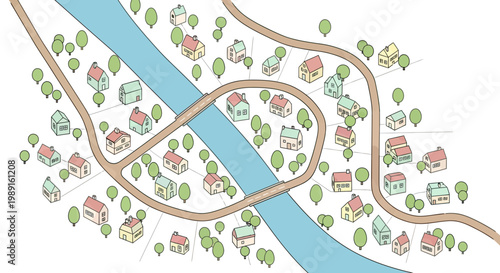 Isometric vector map illustration of a residential neighborhood village with colorful houses, trees, roads, and a river crossing