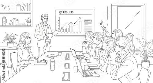 Business meeting with presentation board and team discussion in office