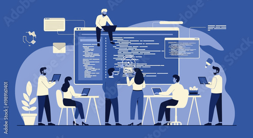 People working on computers together.